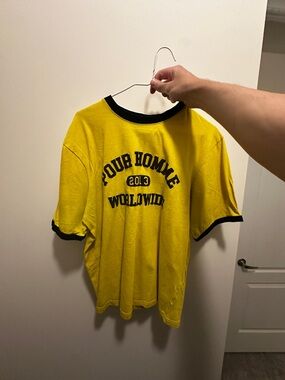 Boohoo Yellow Black Ringer Tee with 'Pour Homme Worldwide' Graphic
